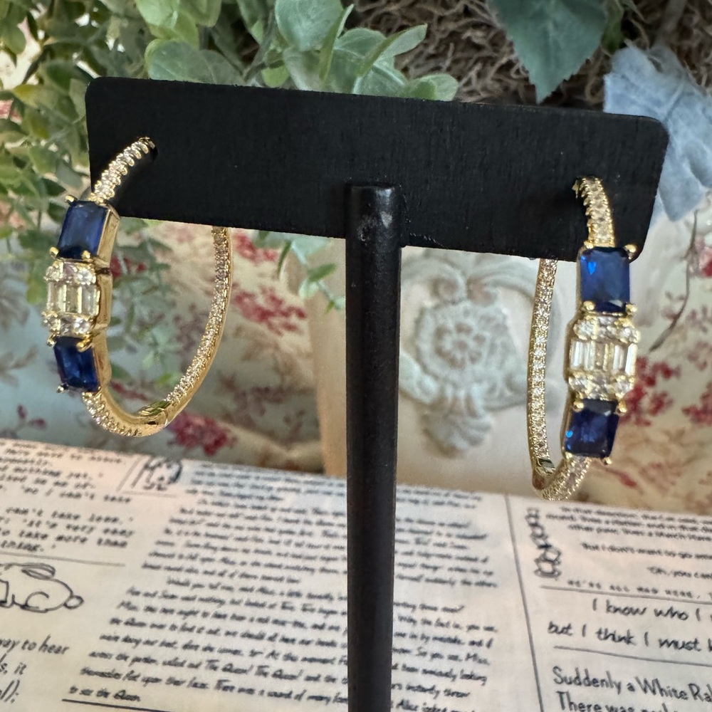 Stainless Steel Gold Hoop Earrings with Blue and Clear Stones